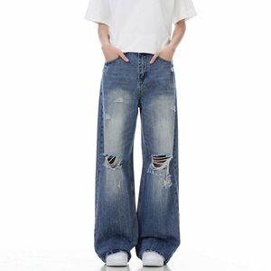 Stylish Distressed Wide Leg Blue Jeans